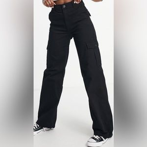 Pull&Bear high waist wide leg cargo pants in black